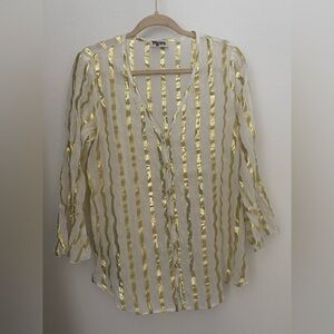Show Me Your Mumu, Size Medium Whote and Gold Stripe Bell Sleeve Blouse